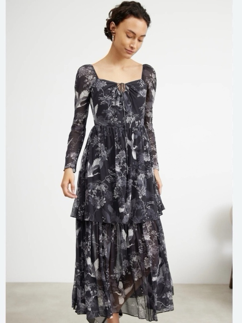 NEW All Saints Women’s Devyn Peggy Floral Print Long Sleeve Maxi Dress Black 0 - Picture 2 of 11